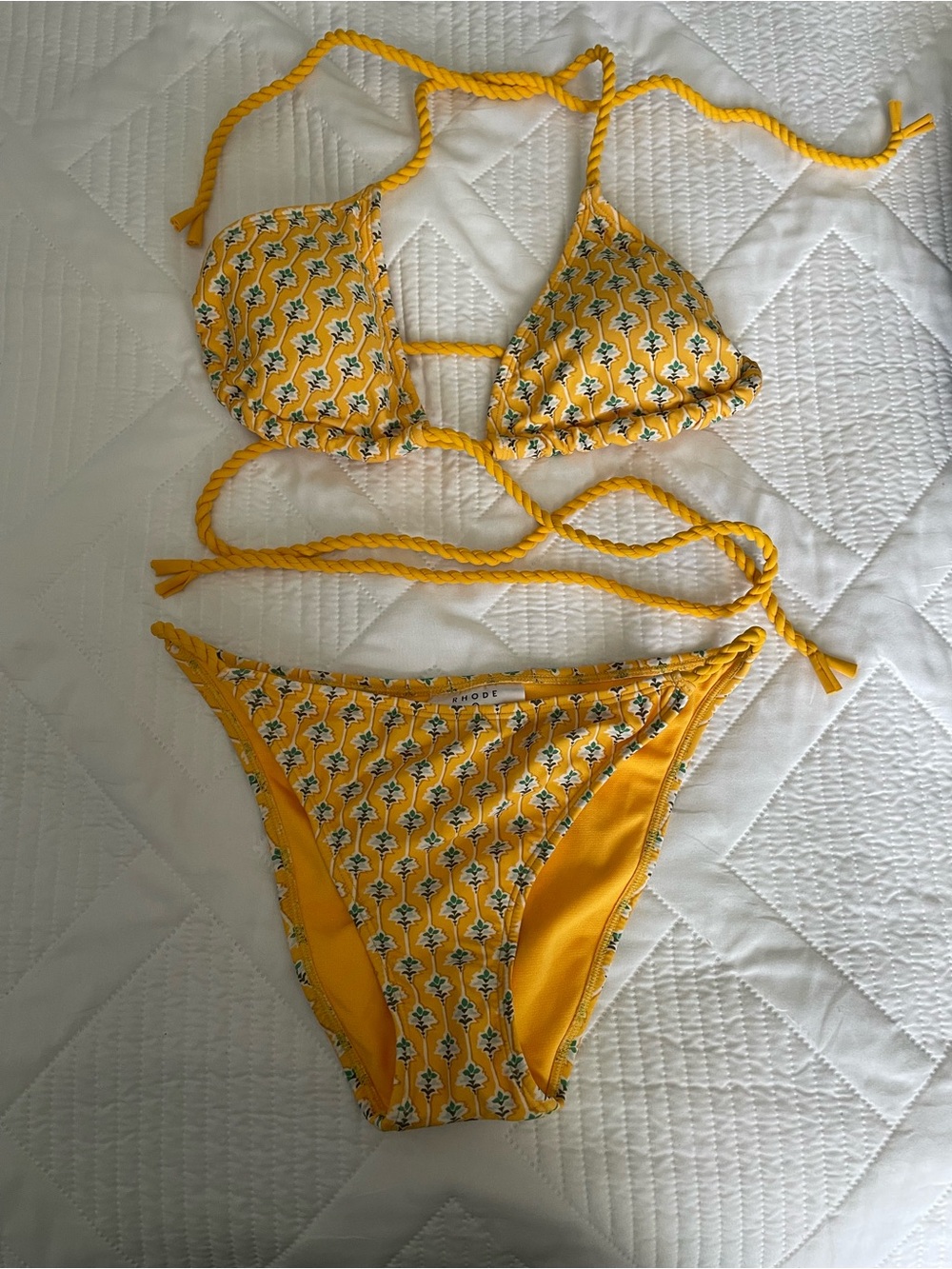 Rhode x Target yellow bikini set with print, rope straps, size M